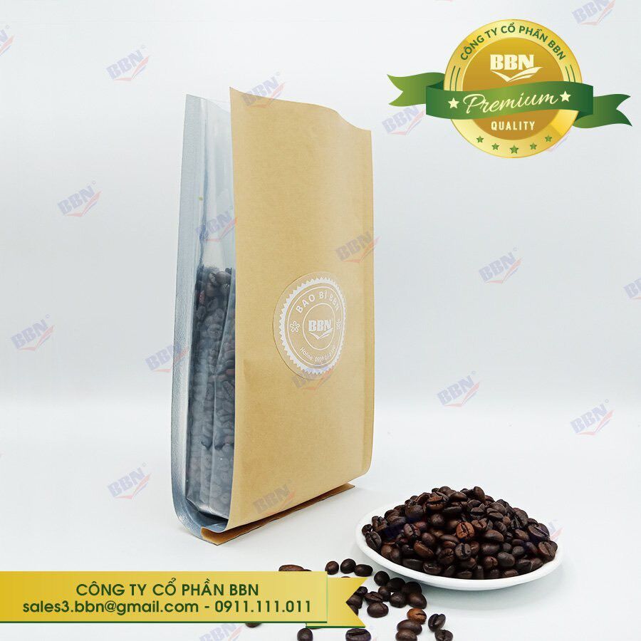 1kg túi giấy 4 biên hông trong 11.5 x 31cm đựng 500g cà phê