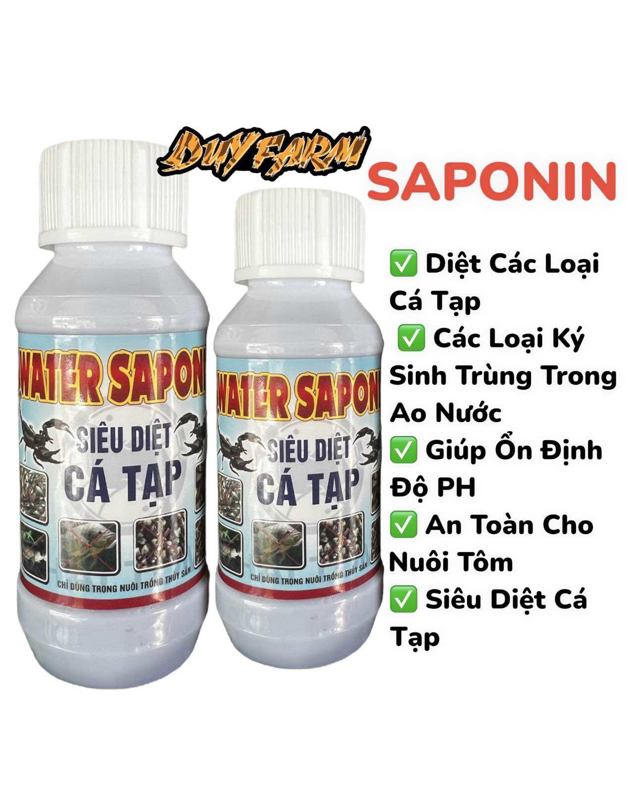 Chai Diệt Cá Tạp WATER Saponin. Thuốc cá chai siêu diệt cá tạp cực mạnh các loại ký sinh trùng ổn định ph hiệu quả tuyệt đối cho vấn đề giải quyết cá tạp động vật giáp xác động vật 2 mãnh và các loại ốc đinh an toàn nuôi tôm,dạng lỏng