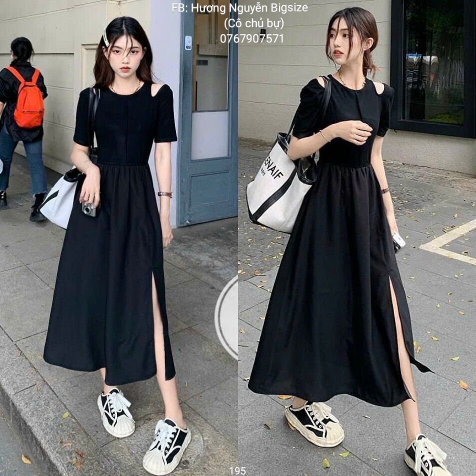 55-95kg bigsize đầm xòe khoét vai dáng dài xẻ tà