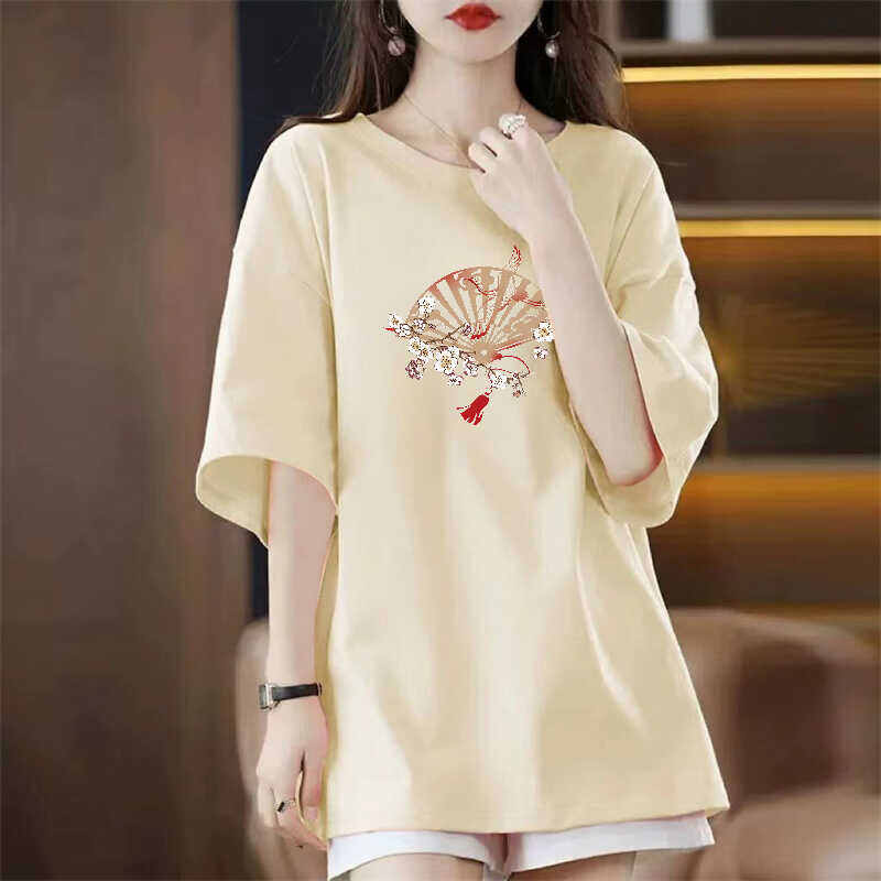 Áo Thun Nữ Tay Ngắn Phong Cách Trung Quốc, Áo Thun in Họa Tiết Mùa Hè, Cổ Tròn, Dài Vừa Phải, Thường Ngày, Tay Ngắn, Trung Tính