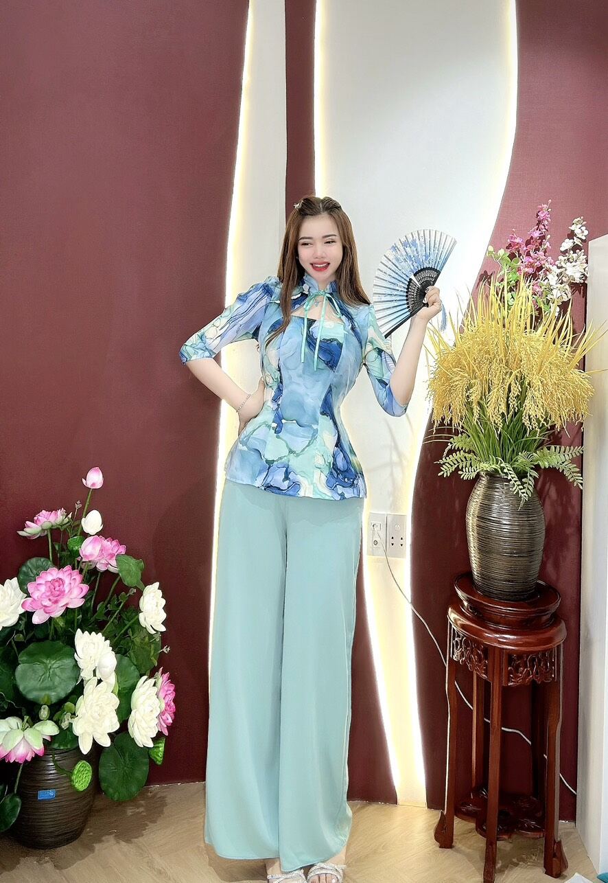 ( Miễn phí ship) Set bà ba màu loang cổ thắt nơ xinh lụa mango hồng ngọc