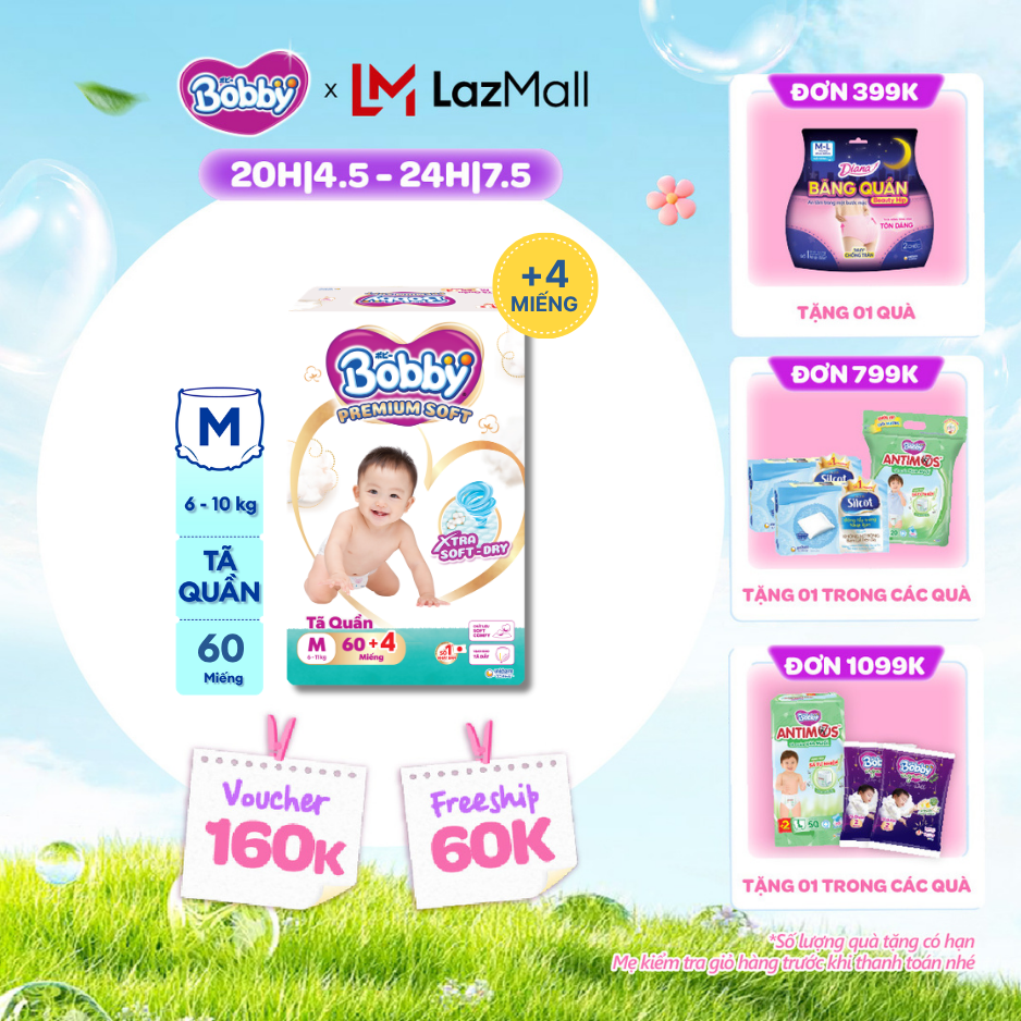 [CHỈ 20h 04-07.05 QT Đơn 899K/1199K][Tặng 4 miếng] Tã quần Bobby Premium Soft size M60