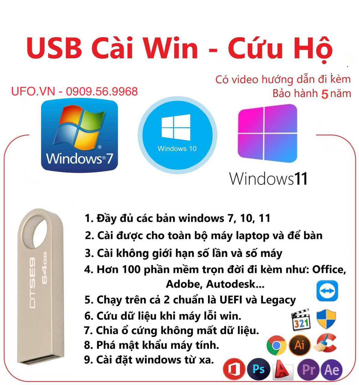 USB cài Win 7 10 11 Full Soft + Office