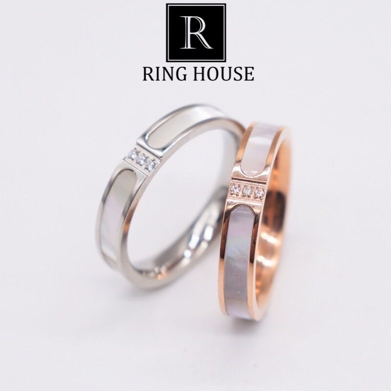 (Titan) Nhẫn titan nam nữ cặp đôi khắc tên theo yêu cầu Khảm Xà Cừ Đính 3 Viên Ngọc Sáng Đẹp Ring Ho