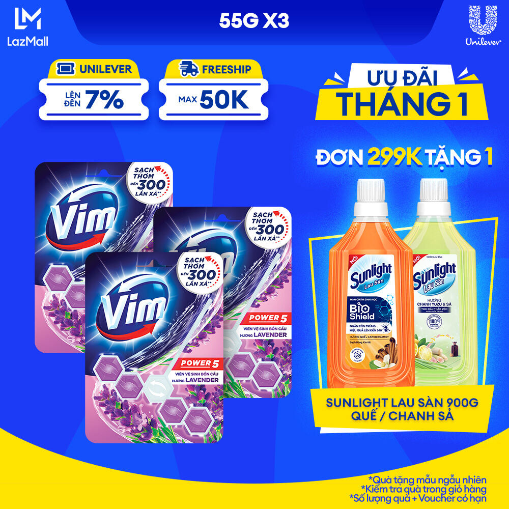 Combo Viên Tẩy Bồn Cầu Vim Power 5 Hương Oải Hương 55G X 3