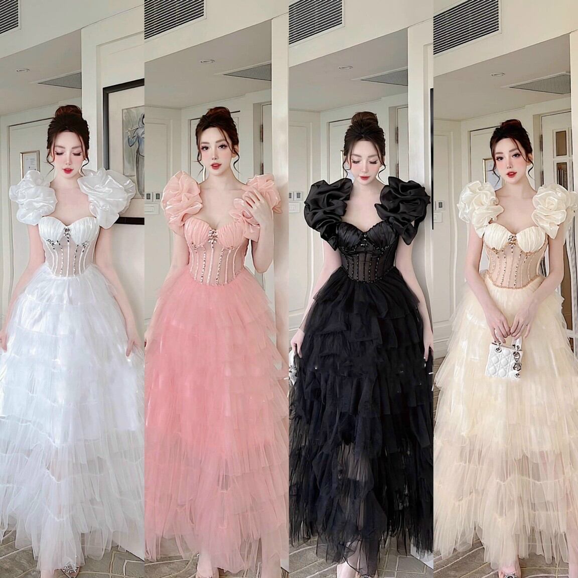 Đầm maxi bèo tay đính đá