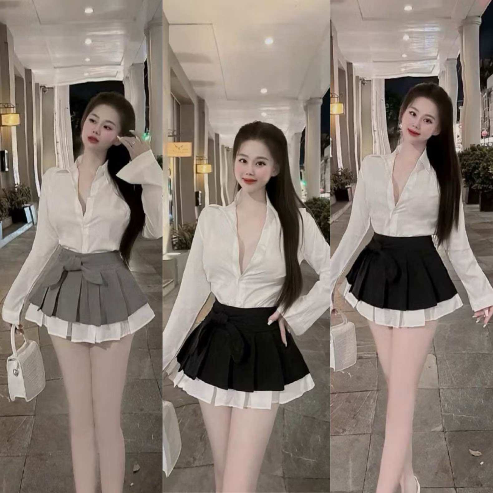  Set Bộ Trơn Đen Xám Áo Sơ Mi Tay Dài + Chân Váy NƠ Xếp Ly Xoè Có Lót Quần 