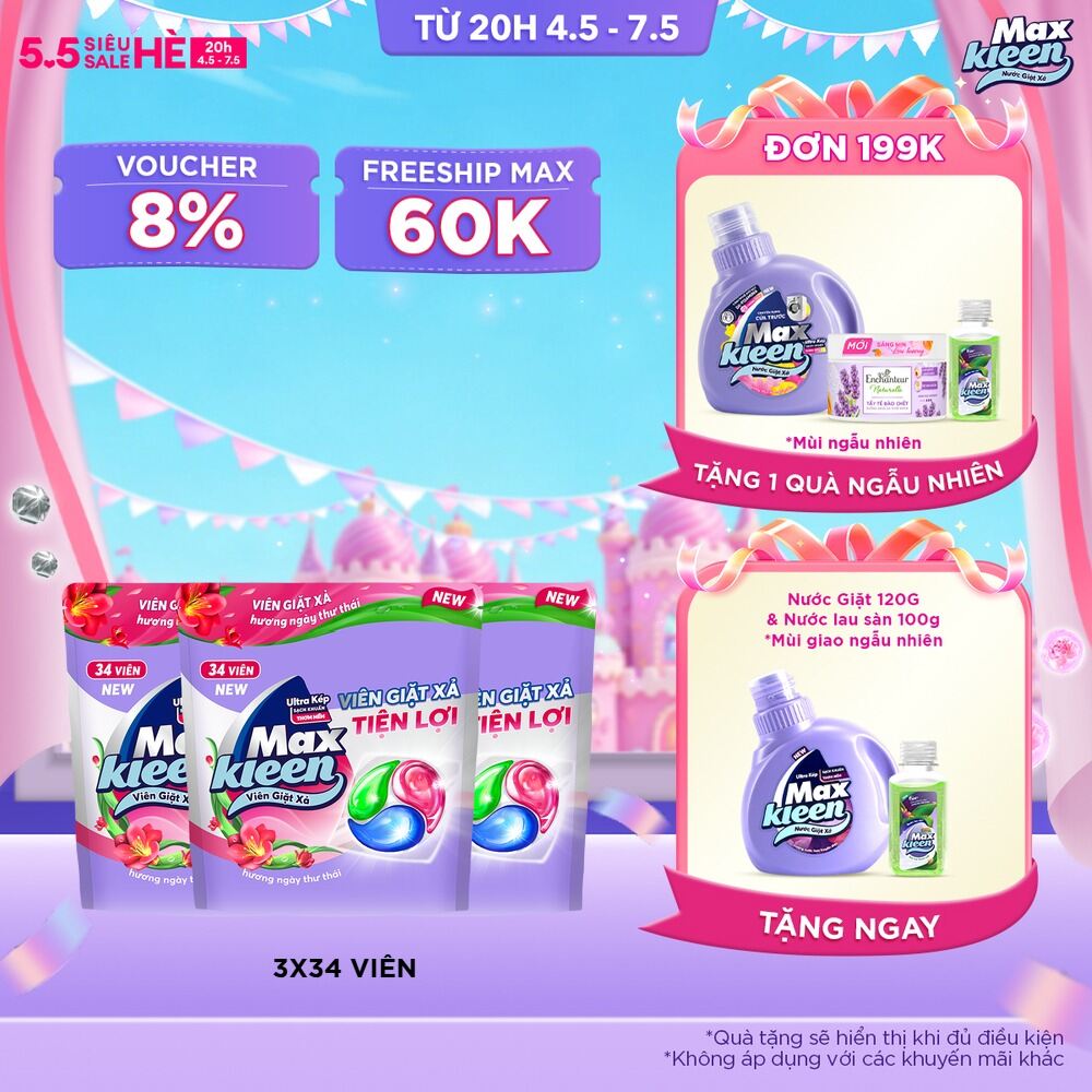 Combo 3 Túi viên giặt xả MaxKleen hương ngày thư thái (34 viên/túi)