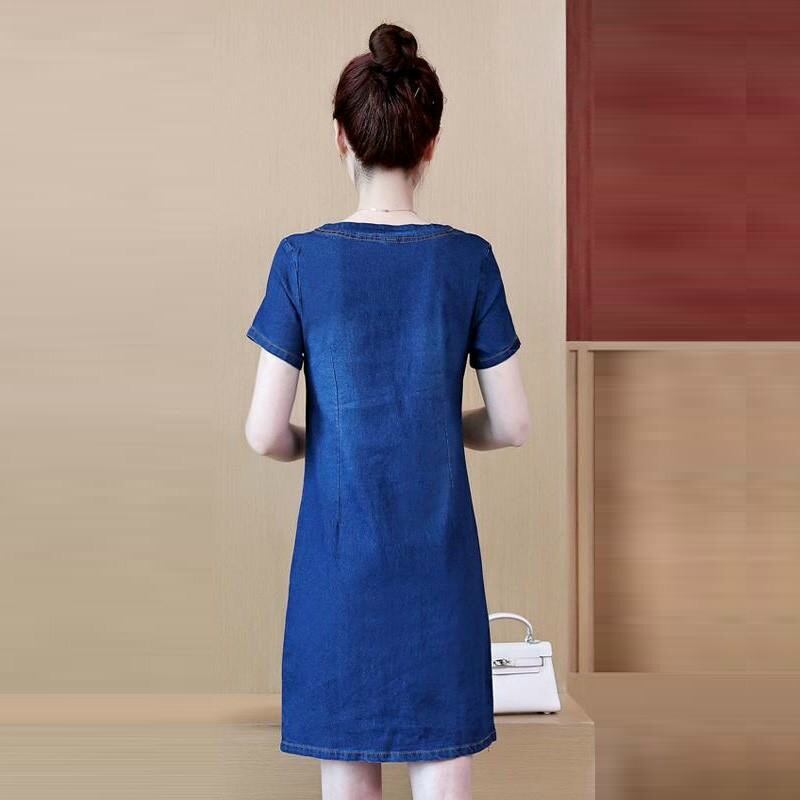 Đầm jean suông cổ tròn 2 túi form chữ A basic thanh lịch