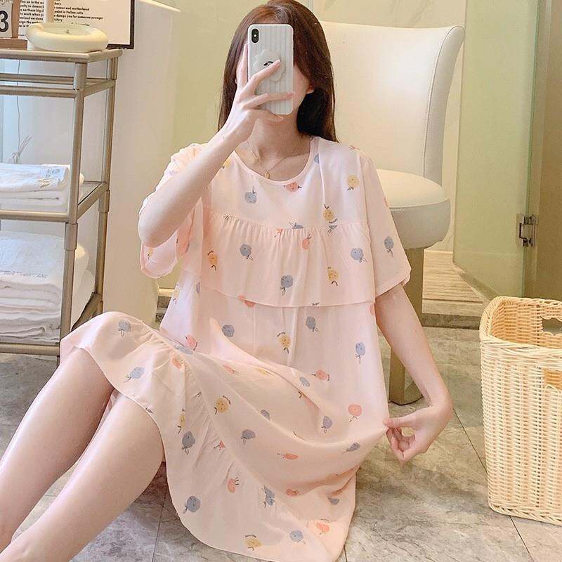 Cotton Thun Lụa Đầm Ngủ Cho Nữ Mỏng Dài Tay In Hình Gấu Họa Tiết Hoa Dễ Thương Homewear Bộ Đồ Ngủ