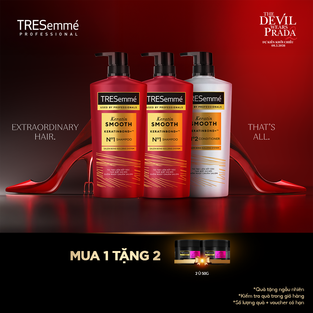 Combo 2 Dầu Gội Và 1 Dầu Xả TRESemmé Keratin Smooth KeratinBond+ Cho Tóc Vào Nếp Suôn Muột (640g X 2 Và 620g)