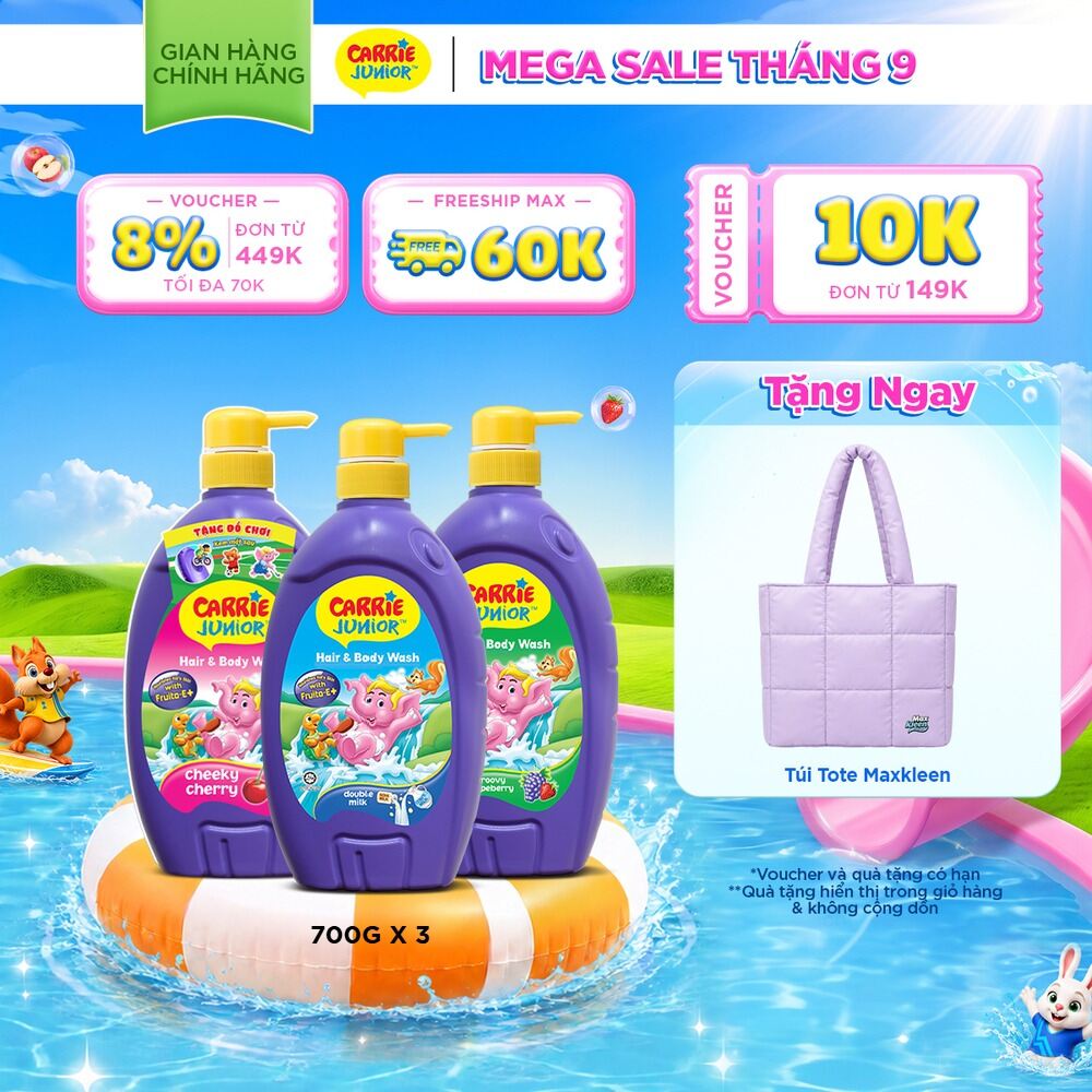 Combo 3 Sữa Tắm Gội cho bé Carrie Junior chiết xuất trái cây thiên nhiên (700g x 3): 1 Hương Grapeberry + 1 Hương Cherry + 1 Tinh Chất Sữa