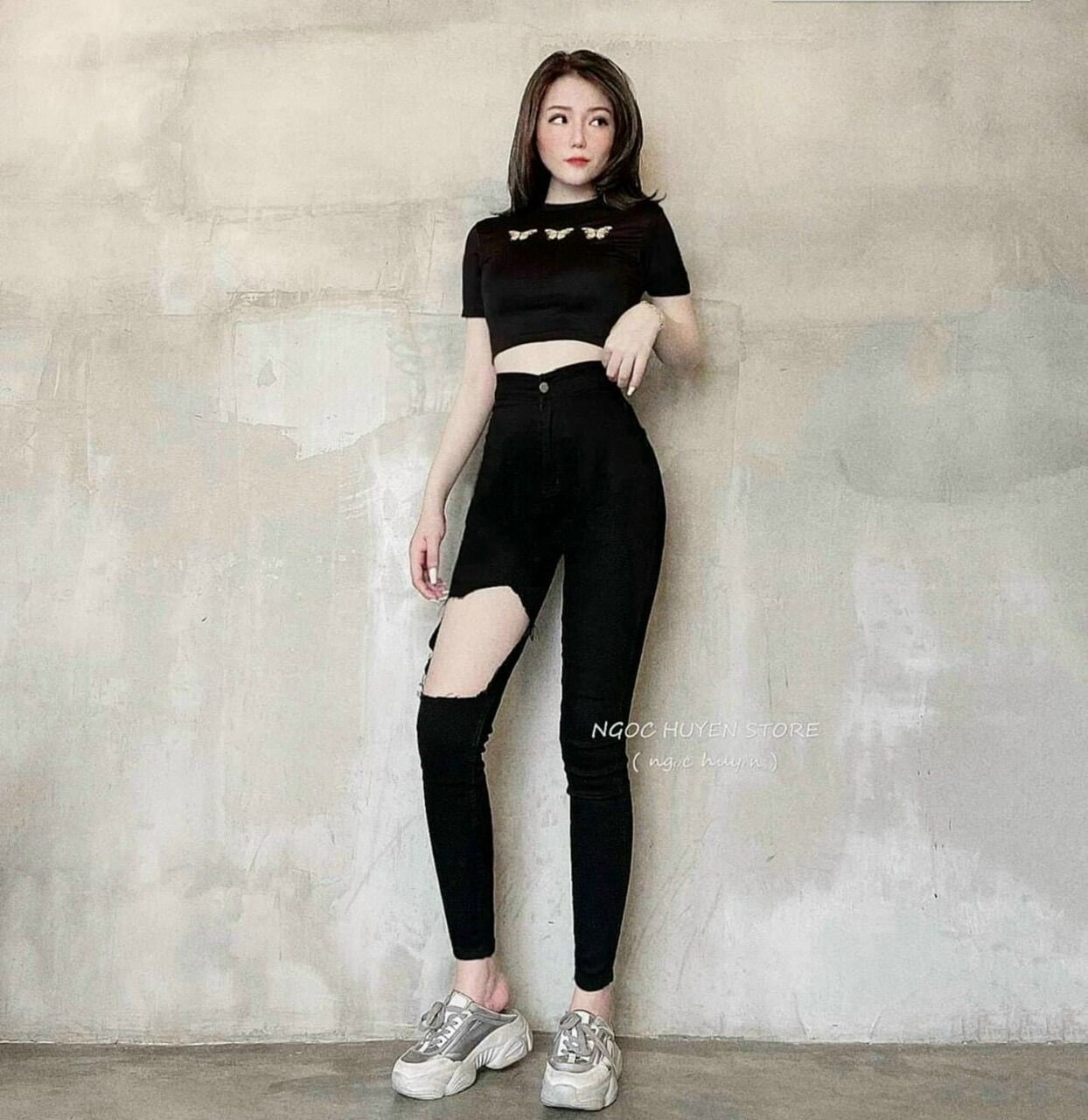 Quần skinny lưng cao co giãn rách ô