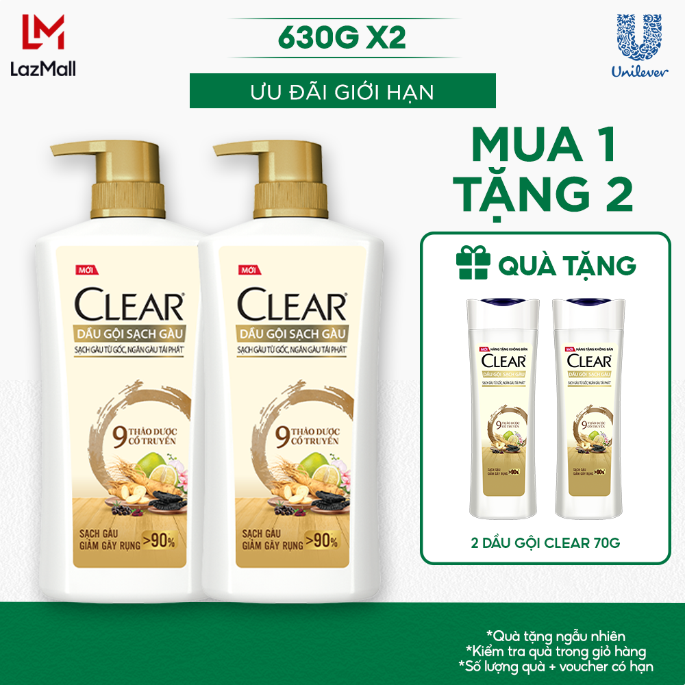 Combo 2 Dầu Gội CLEAR 9 Thảo Dược Cổ Truyền Sạch Gàu Giảm Gãy Rụng 630G x 2
