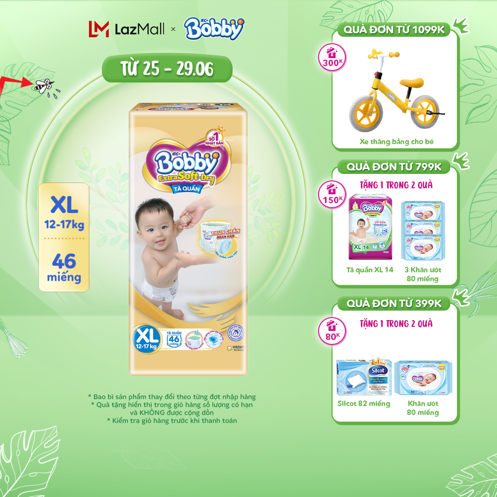 Tã quần cao cấp Bobby Extra Soft-Dry M60/L52/XL46/XXL42