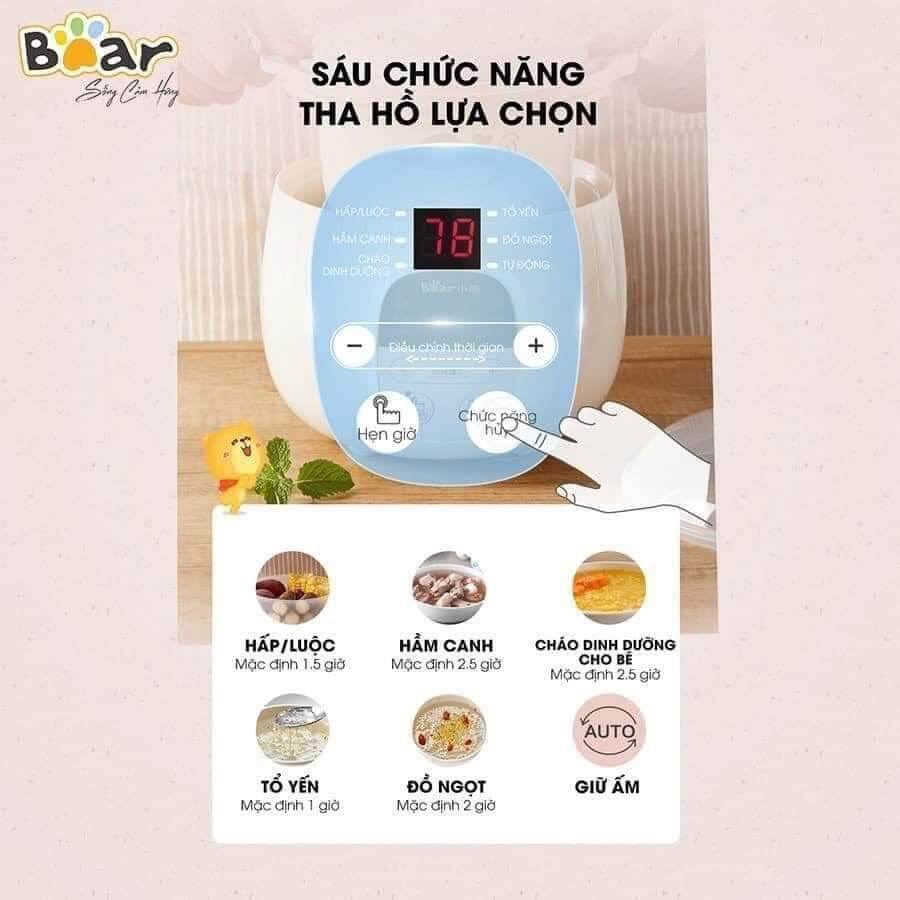 (BẢN QUỐC TẾ) Nồi nấu cháo Bear 0.8l có lồng hấp BH 18 tháng