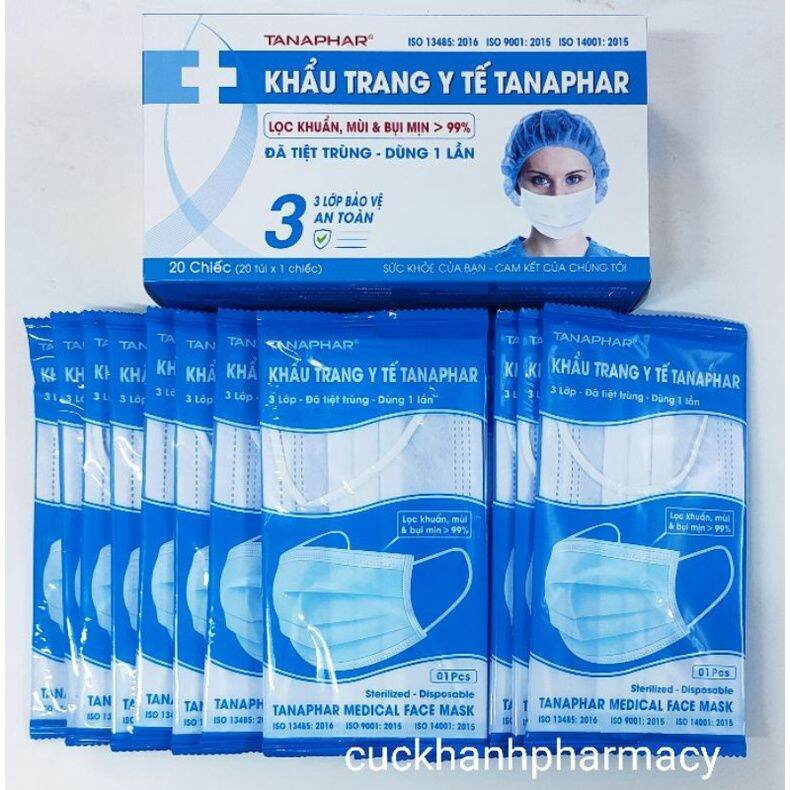 Khẩu trang y tế Tanaphar, 3 lớp, kháng khuẩn, màu trắng, hộp 20 chiếc, 1chiếc/1 túi