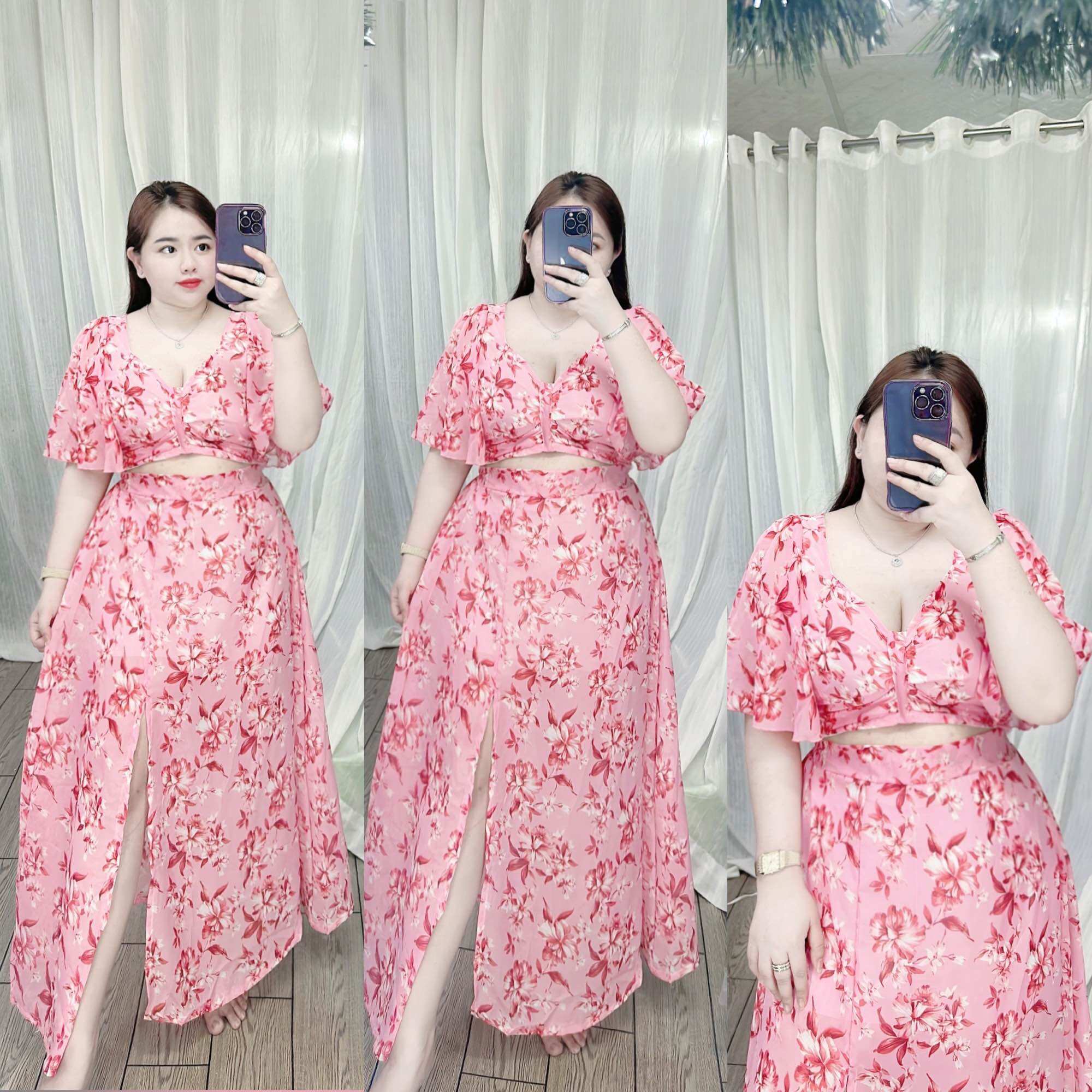 [Bigsize 65-90kg] Set áo chân váy voan xẻ tà
