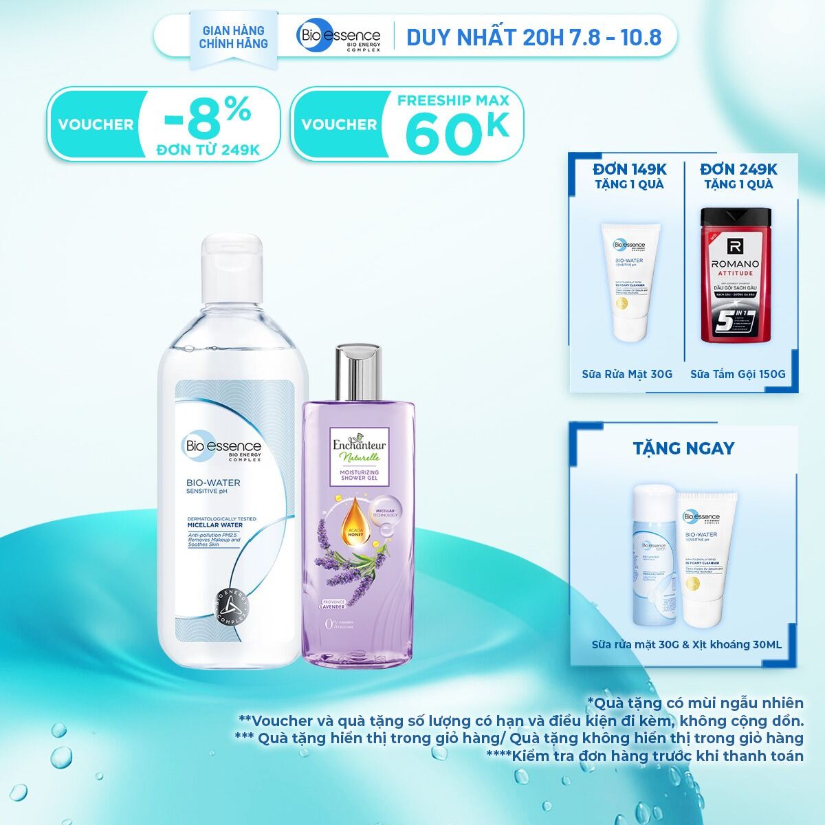 Nước tẩy trang ẩm mượt mịn màng Bio-Essence BioWater Micellar 400ml + tặng kèm chai Sữa tắm Enchanteur naturelle 250g (mùi ngẫu nhiên)