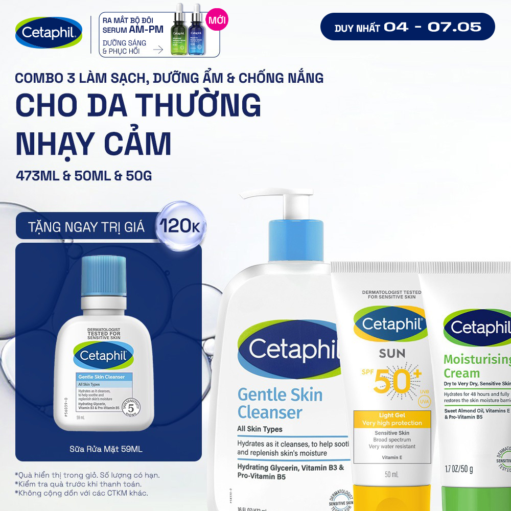 Combo 3 Bước Cetaphil Chăm Da Dịu Lành: Sữa rửa mặt 500ML + Kem dưỡng ẩm 50G + Gel chống nắng SPF50+