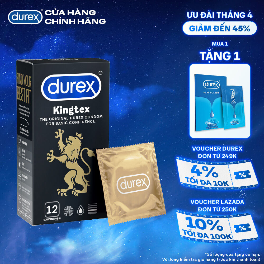 Bao cao su Durex Kingtex ôm sát, bôi trơn, size 49mm, hộp 12 bao