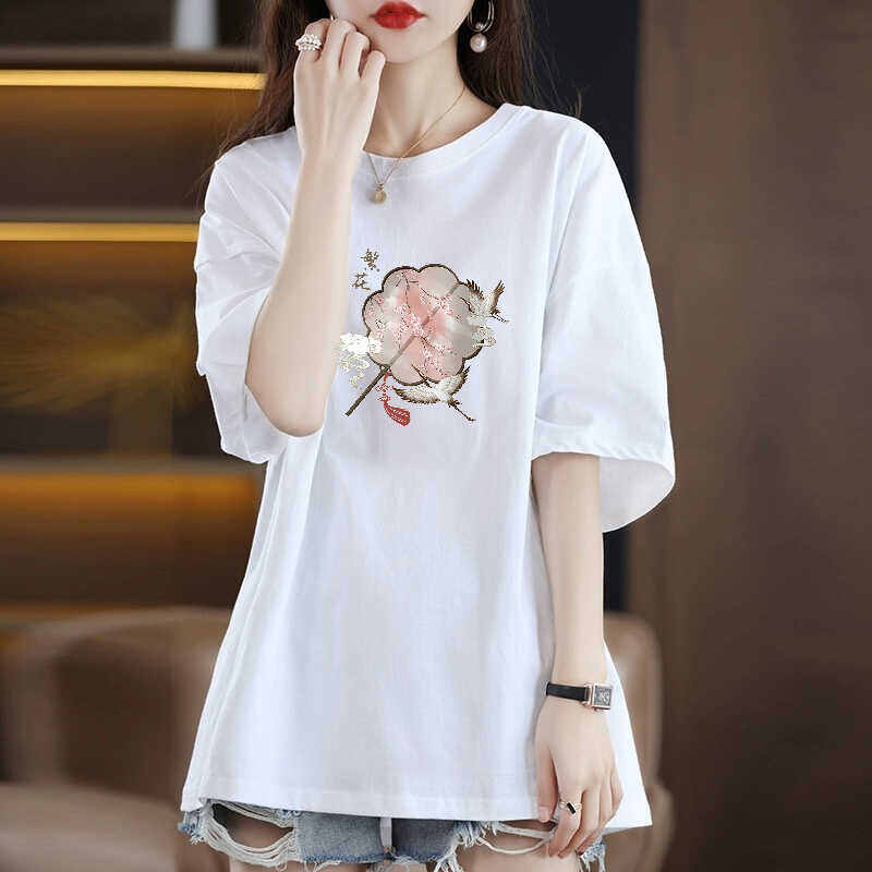 Áo Thun Nữ Tay Ngắn Phong Cách Trung Quốc, Áo Thun in Họa Tiết Mùa Hè, Cổ Tròn, Dài Vừa Phải, Thường Ngày, Tay Ngắn, Trung Tính