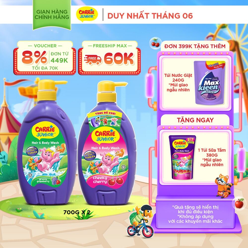 Combo 2 Sữa Tắm Gội cho bé Carrie Junior chiết xuất trái cây thiên nhiên (700g/chai): 1 Hương Grapeberry + 1 Hương Cherry