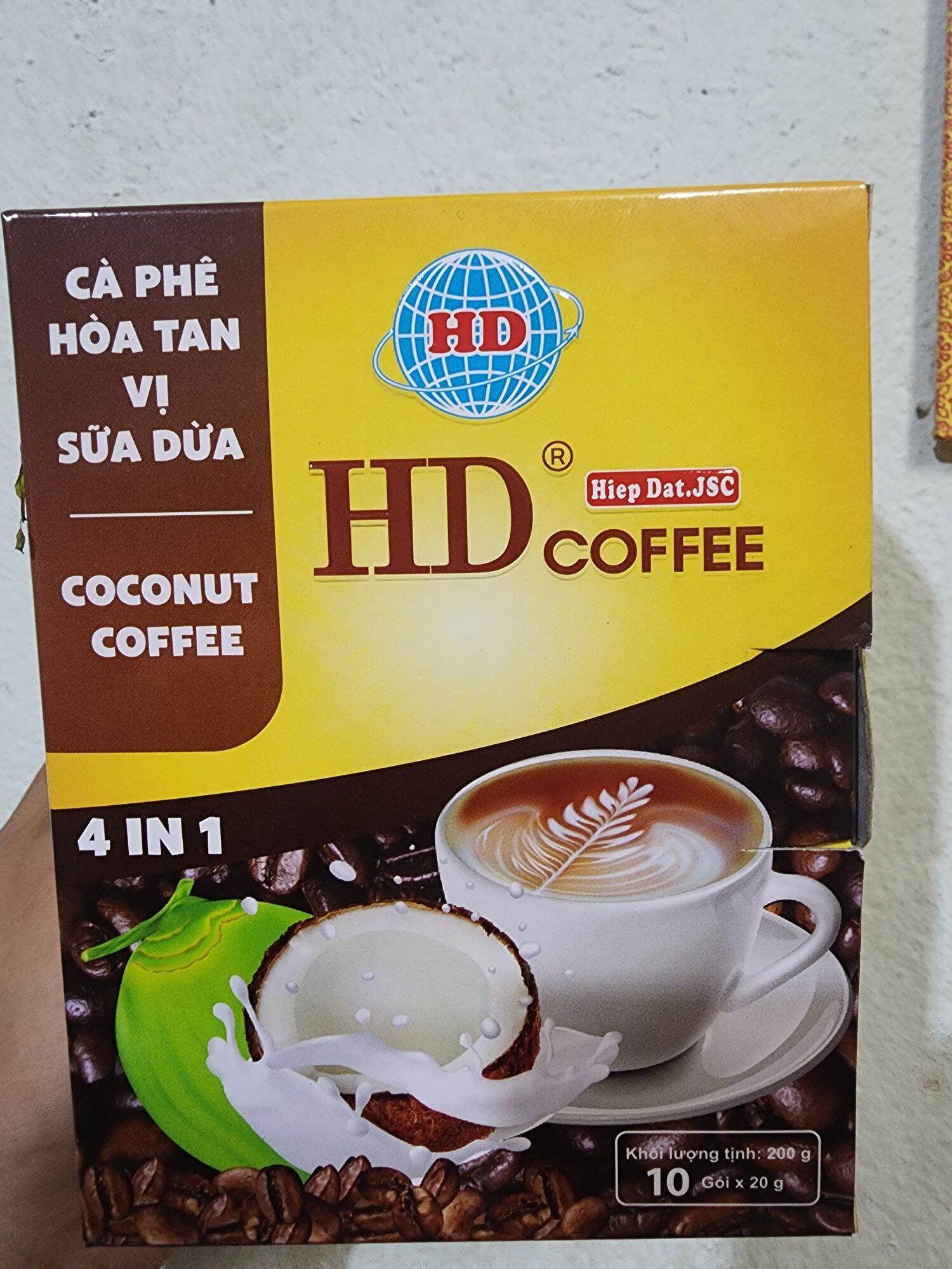 Cà phê HD 4in1 vị dừa hộp 200gr 10 gói x20g
