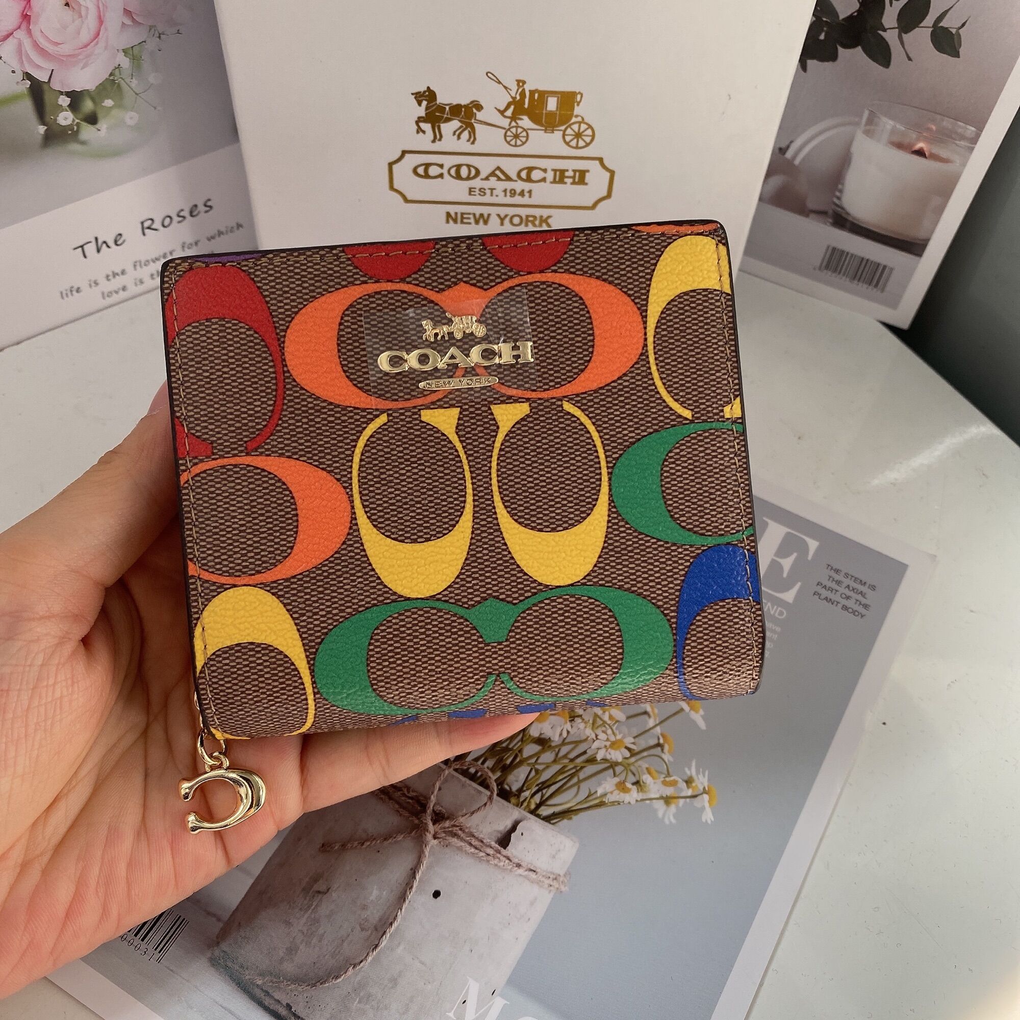 Ví coach - snap wallet in rainbow signature canvas✅