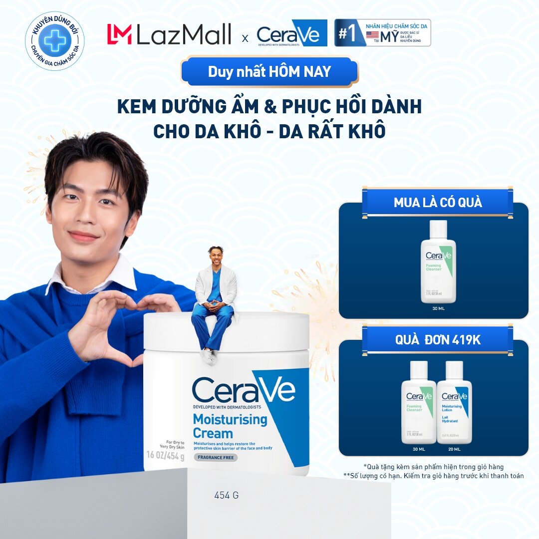  Kem dưỡng ẩm phục hồi sâu và ẩm mịn suốt 48H dành cho da khô duy trì hàng rào bảo vệ da CERAVE MOISTURISING CREAM 454G 