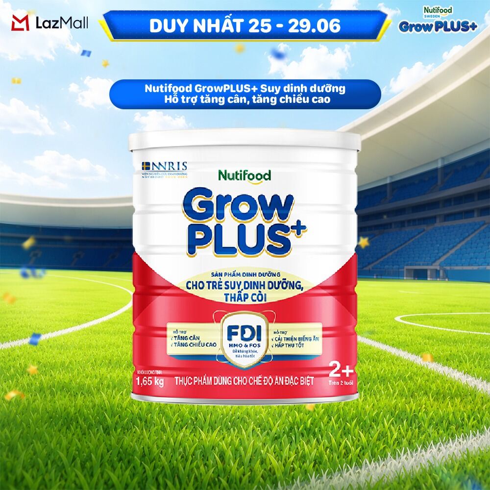 Sữa bột Nutifood GrowPLUS+ Suy Dinh Dưỡng (Đỏ) 2+ - Hỗ trợ tăng cân, tăng chiều cao (Lon 1,65 Kg)