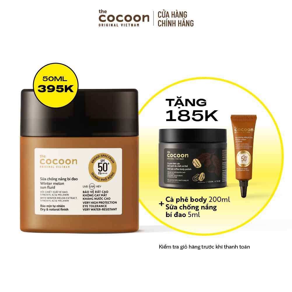 Special combo-sữa chống nắng bí đao - ráo mịn tự nhiên spf 50+, uva – pf 62.6 cocoon 50ml + tẩy da chết cơ thể cà phê 200ml + sữa chống nắng bí đao 5ml