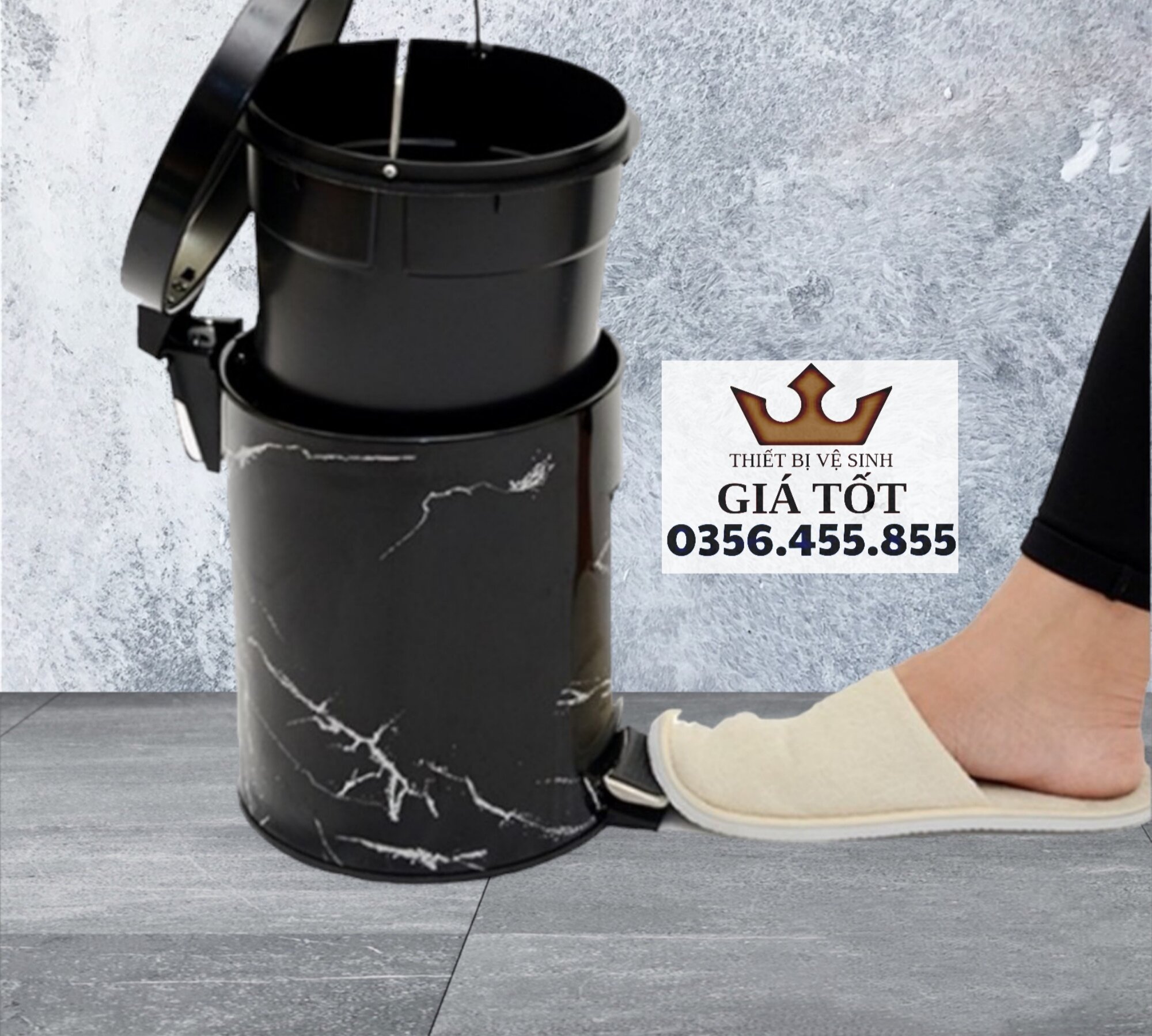 Thùng rác inox đạp chân 5l đen vân đá - Hàng chất lượng chính hãng