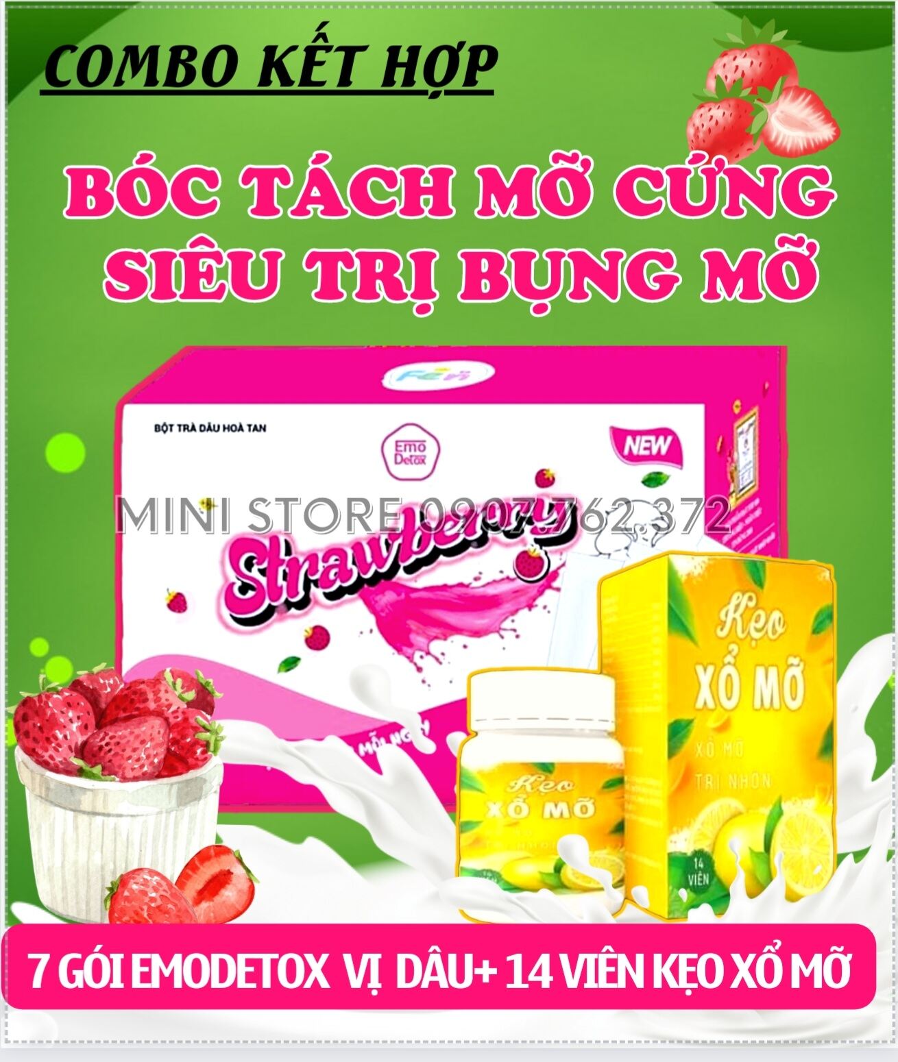 [ CHE TÊN SẢN PHẨM ] BỘT TRÀ E M O VỊ [ DÂU  ] 7 Gói KÈM KẸO XỔ MỠ ĐÊM 14 viên/ Giúp giảm mỡ bụng nhanh không gây mệt