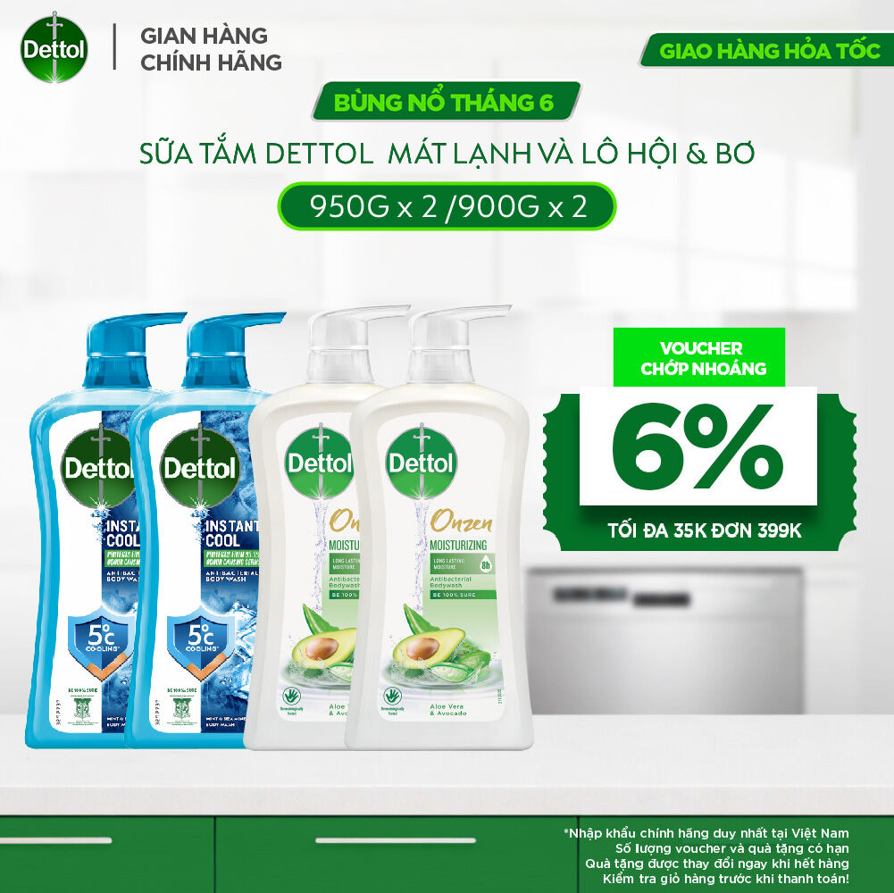 Combo 4 chai sữa tắm Dettol: 2 chai mát lạnh tức thì 950g và 2 chai Lô hội  Bơ 900g