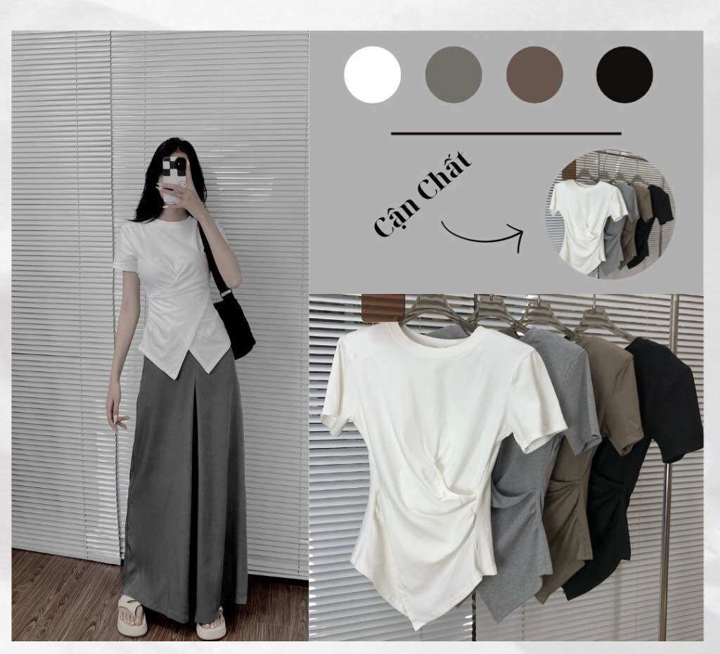 Áo thun cổ tròn Saly nhún eo đệm vai dáng basic