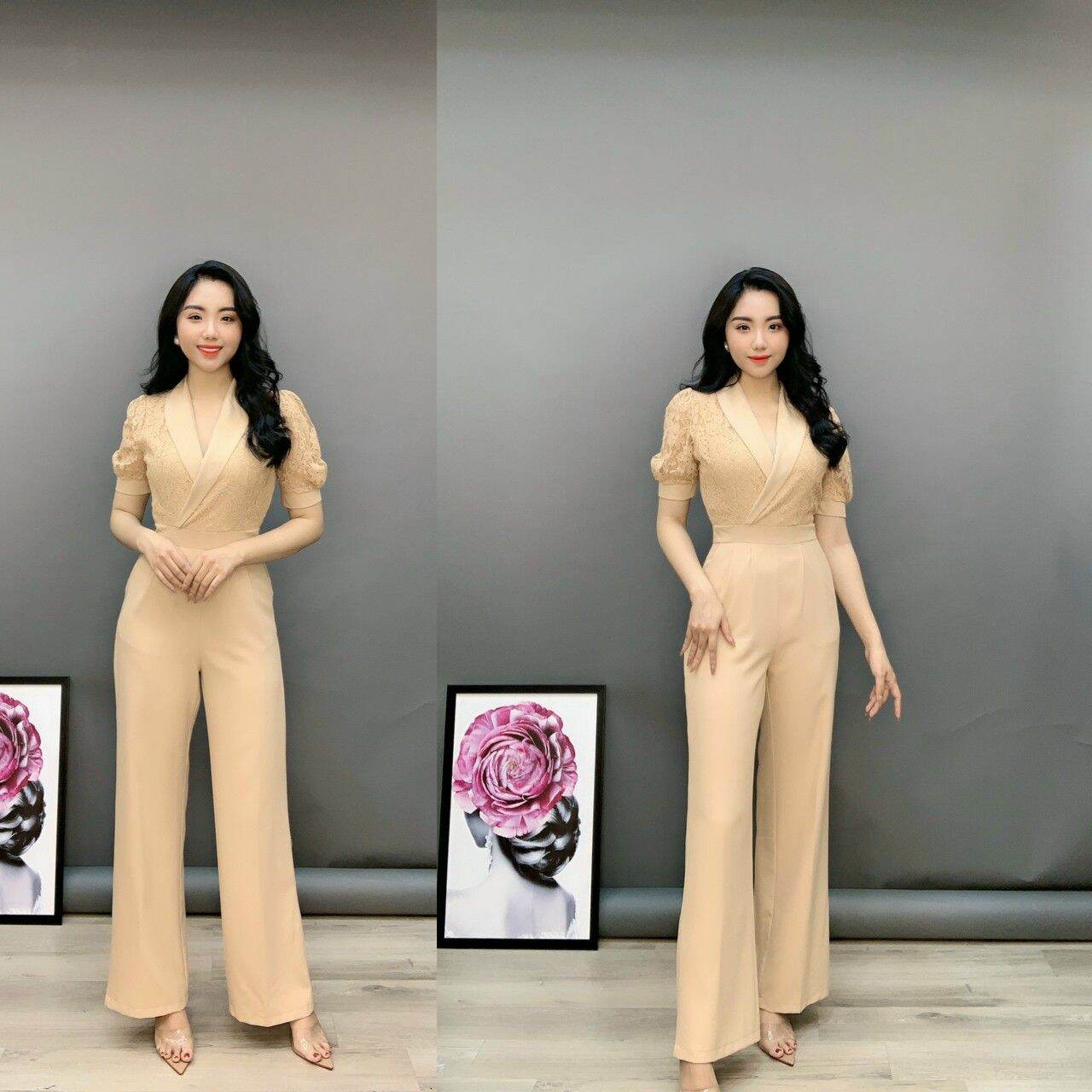 Jumpsuit dài ống rộng tay con phối ren