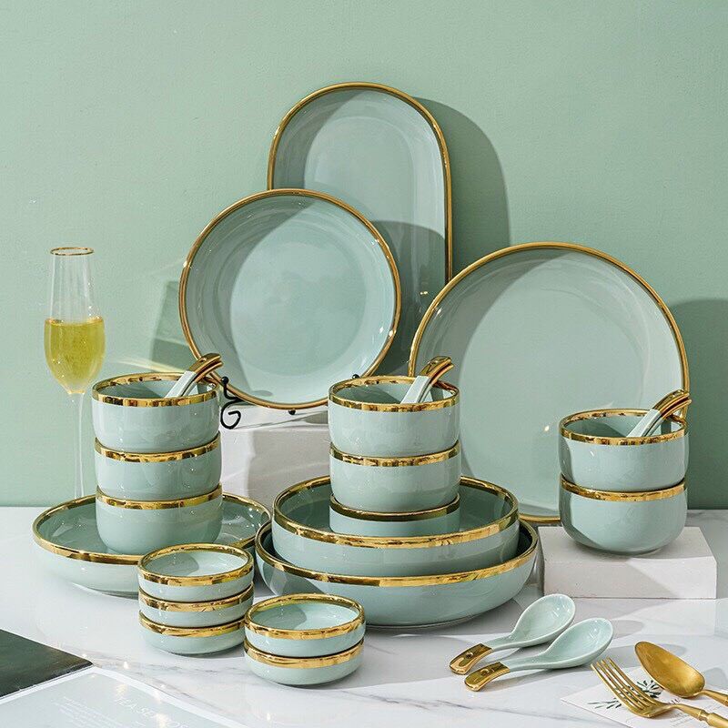 Bộ bát ăn gốm sứ cao cấp - set bát 26 chi tiết màu xanh bạc hà viền vàng sang chảnh