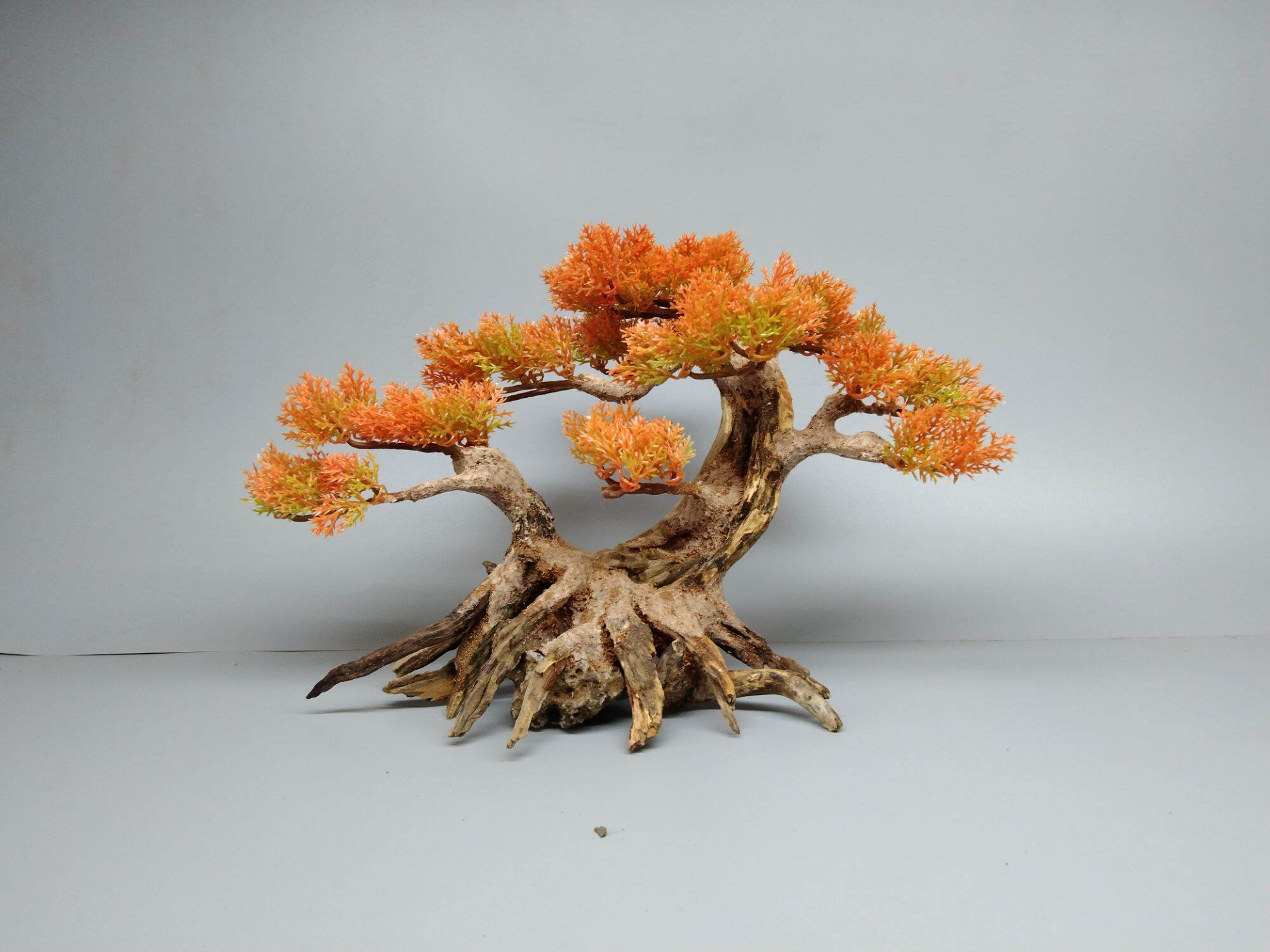 Cây gỗ lũa bonsai tán Tùng 2 thân cho hồ cá cảnh (có 4 màu: Xanh, Đỏ, Cam, Kem)