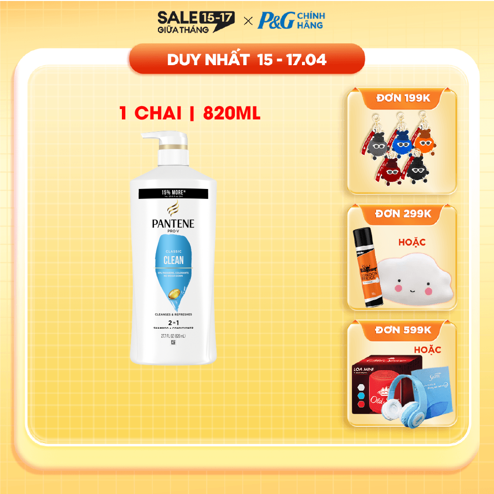 Dầu Gội Xả PANTENE Nhập Khẩu Mỹ 2IN1 Hương Classic Clean Chai 820ML