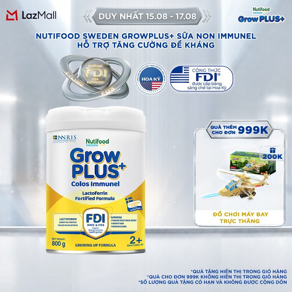 Sữa Bột Nutifood Sweden GrowPLUS+ Sữa Non Immunel trên 2 tuổi lon 800 g (Bao bì tuỳ lô hàng)