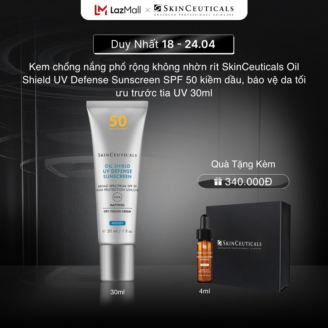 Kem chống nắng phổ rộng không nhờn rít Skinceuticals Oil Shield UV Defense Sunscreen SPF 50 kiềm dầu, bảo vệ da tối ưu trước tia UV 30ml