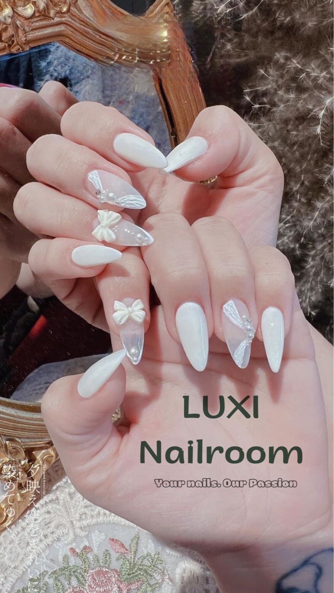 Nailbox - móng úp thiết kế mẫu thạch trắng charm nơ