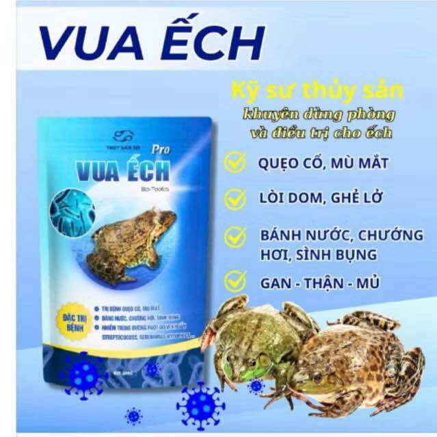 Vua Ếch 250gr, bệnh nghẹo cổ, mù mắt ở ếch. • Chống báng nước, chướng hơi, sinh bụng. • nhiễm trùng đường ruột do vi khuẩn