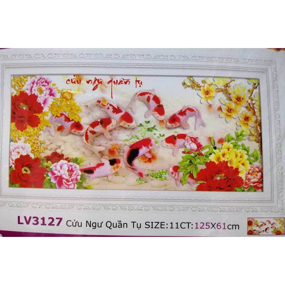 Tranh thêu Cửu ngư quần hội LV3127 chưa thêu