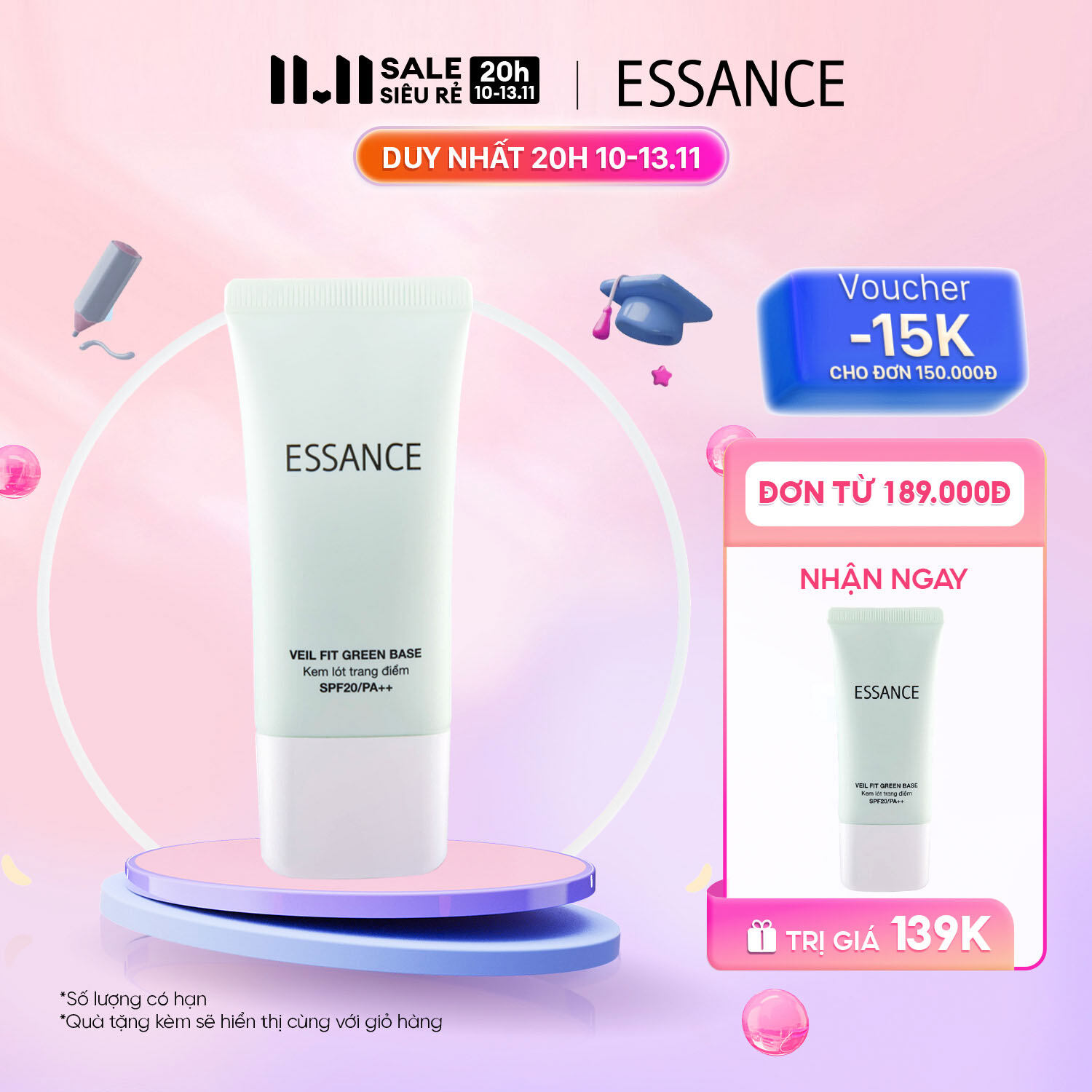 Kem lót hiệu chỉnh sắc da kiểm soát dầu Essance Veil Fit Green Base SPF20 PA++ 30ml