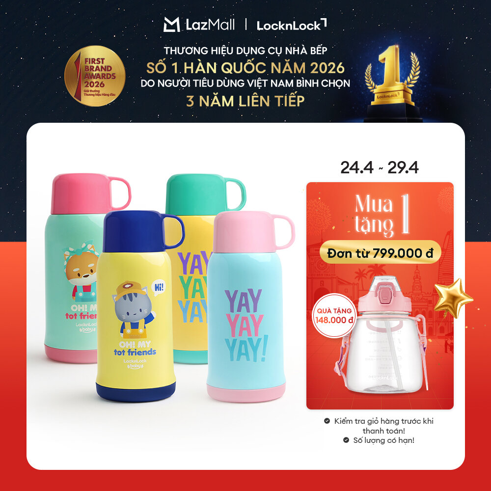 LHC1475 - Bình giữ nhiệt Animal friend kids LocknLock 550ml có quai xách/túi đựng có dây đeo (4 màu)