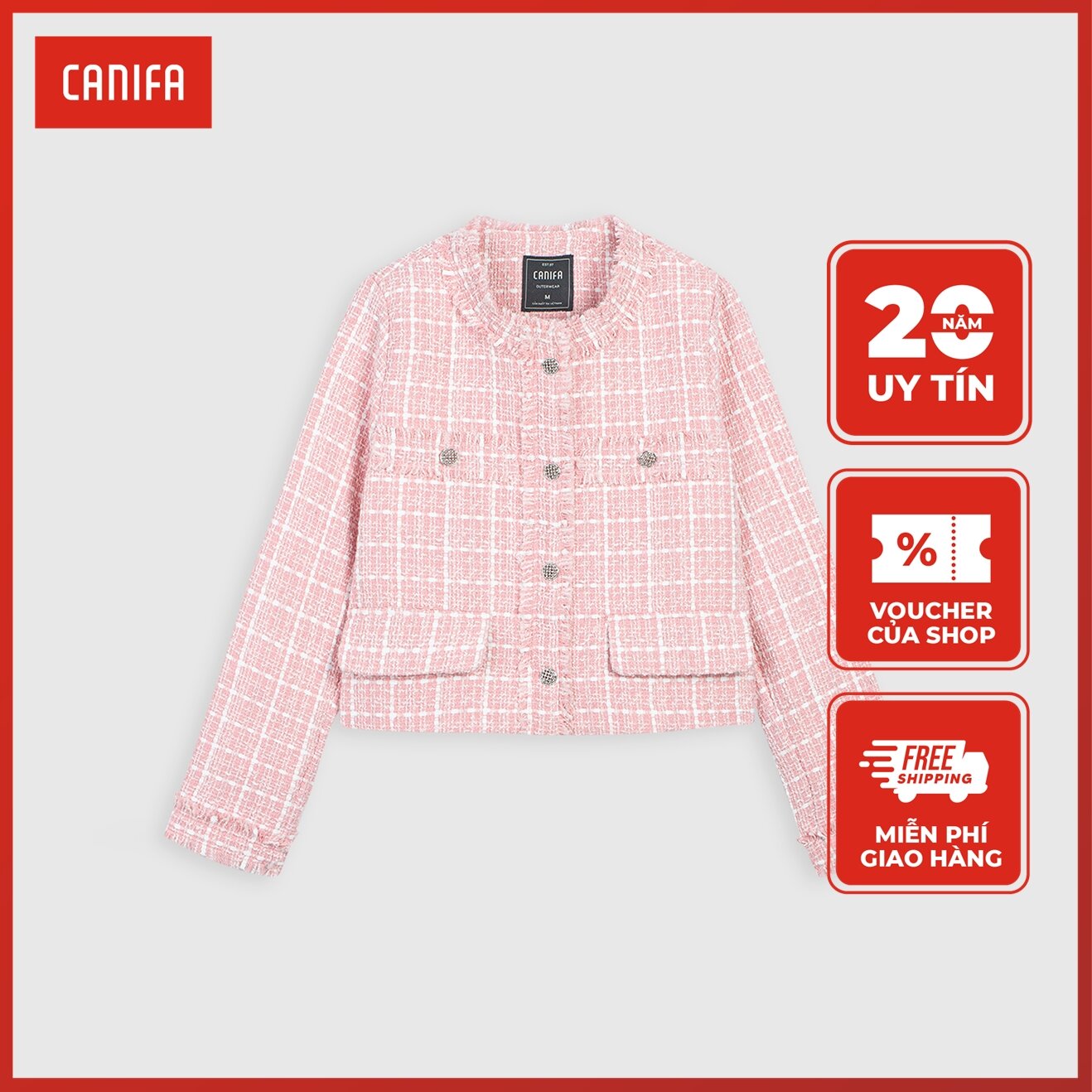 Áo khoác nữ canifa áo khoác chất liệu tweed 100% polyester, cổ tròn tay dài 6ot22c005