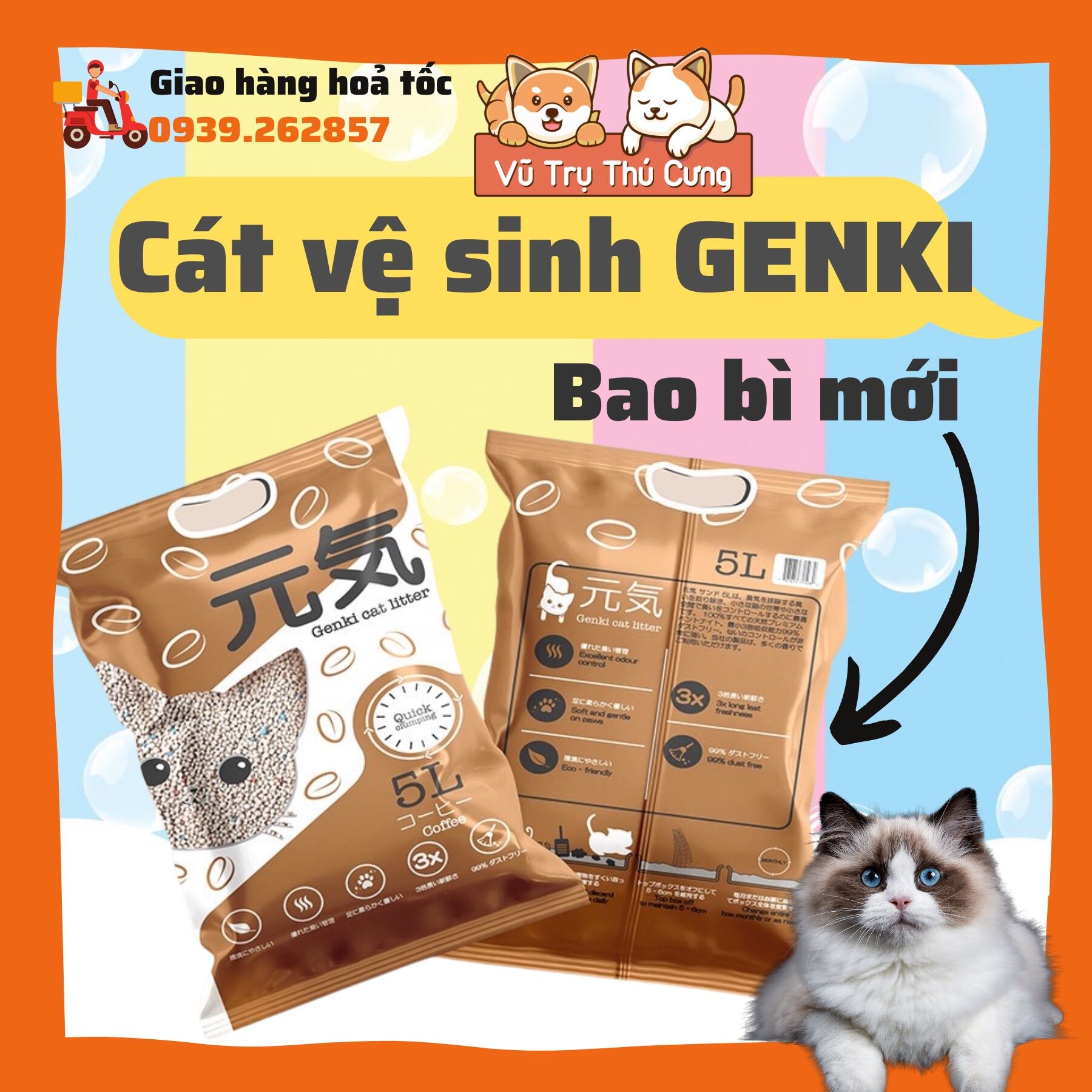 Cát vệ sinh cho Mèo Genki Nhật Bản, vón cục, khử mùi tốt, bịch 5L