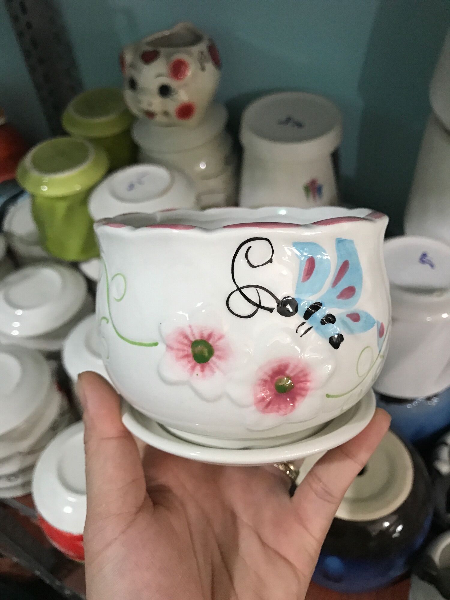 Chậu sứ trồng cây kèm dĩa lót